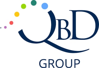 QbD Group logo with colorful dots and navy blue text on white background