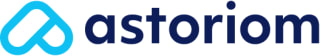 Astoriom logo with cyan abstract loop icon and dark navy blue wordmark text