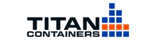 Titan Containers logo with bold dark text and blue and orange stacked squares graphic on white background