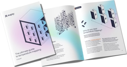 Eupry temperature mapping e-book mockup showing open pages with warehouse illustrations and monitoring device diagrams
