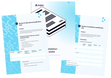 Three-page autoclave validation template document mockup showing IQ and OQ qualification checklists with data tables