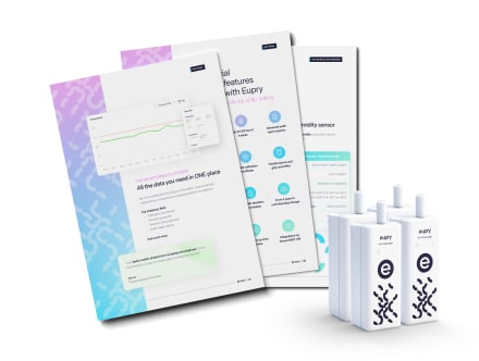 Eupry product catalog pages fanned out beside two white Wi-Fi data logger devices with decorative patterns