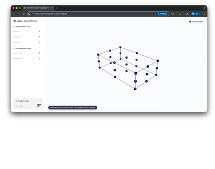 3D sensor placement planner showing 27 data loggers mapped inside a 10x6x3 meter room visualization