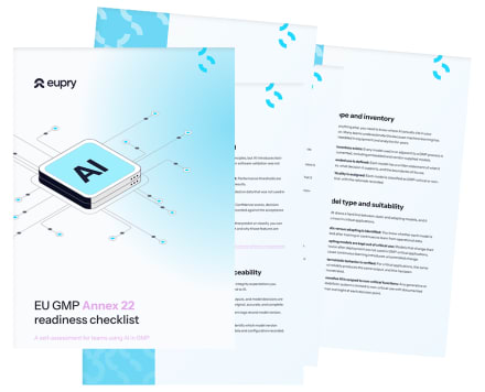 Eupry EU GMP Annex 22 AI readiness checklist document mockup showing multiple pages with checklist content