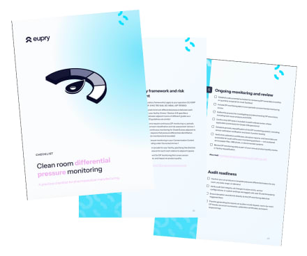 Eupry clean room differential pressure monitoring checklist mockup showing two overlapping document pages