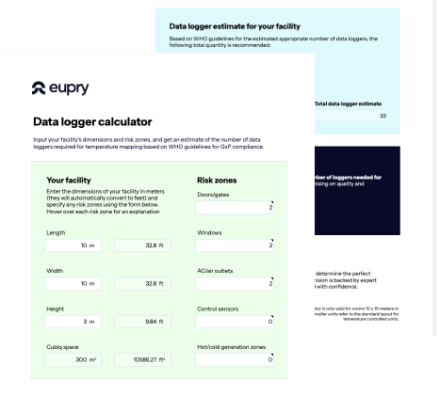 Eupry data logger calculator tool showing facility dimensions input fields and risk zones with a total estimate of 33 loggers
