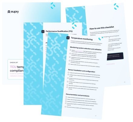 Preview of Eupry's TCU temperature compliance checklist document showing multiple pages with monitoring and qualification sections