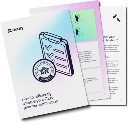 Eupry white paper mockup titled How to efficiently achieve your CEIV pharma certification with IATA logo