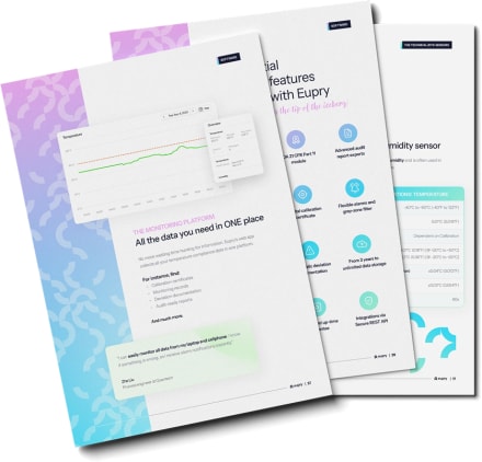 Three overlapping pages of Eupry's product catalog showing temperature monitoring software features, sensor specs, and compliance data.