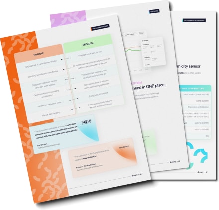 Three pages from Eupry's product catalog fanned out, showing calibration features, software dashboard, and sensor specificati