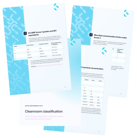 Preview of Eupry's cleanroom classification quick reference document showing EU GMP Annex 1 grades and ISO equivalents tables
