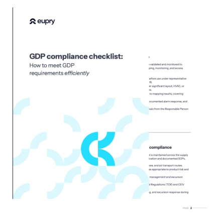 Page 2 of Eupry's GDP compliance checklist document showing title, decorative brand elements, and partial checklist text