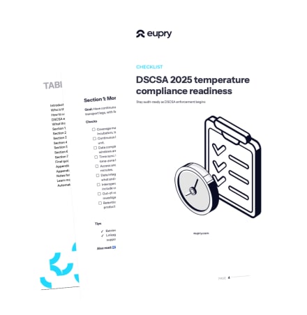 Eupry DSCSA 2025 temperature compliance readiness checklist booklet mockup with clipboard and clock illustration