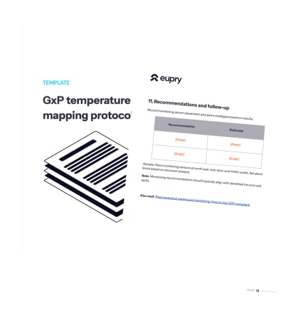 Page 13 of Eupry's GxP temperature mapping protocol template showing Section 11 Recommendations and follow-up table