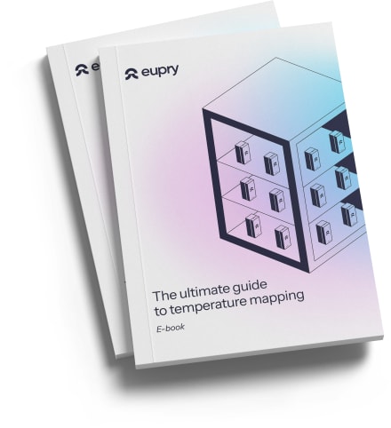 Eupry e-book mockup cover: The Ultimate Guide to Temperature Mapping, showing two stacked booklets with sensor placement diagram