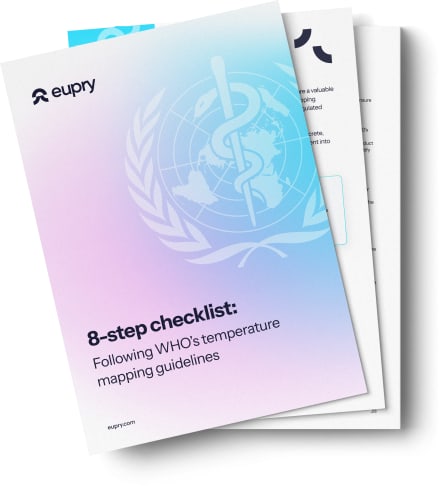 Eupry 8-step checklist booklet cover featuring WHO logo for temperature mapping guidelines