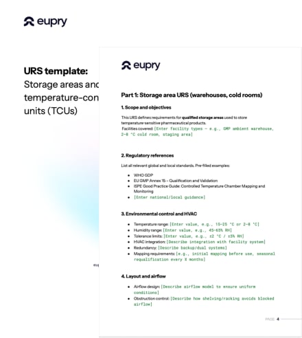 Page 4 of Eupry's URS template document showing storage areas and TCUs with sections on scope, regulations, HVAC, and layout