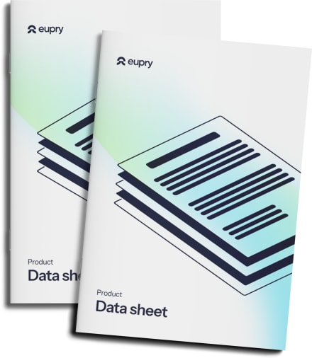 Two Eupry branded product data sheet booklets with layered document illustration on mint green gradient cover