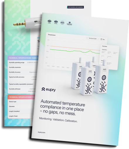 Two Eupry product brochures showing temperature monitoring devices, compliance dashboard, and technical humidity specifications.