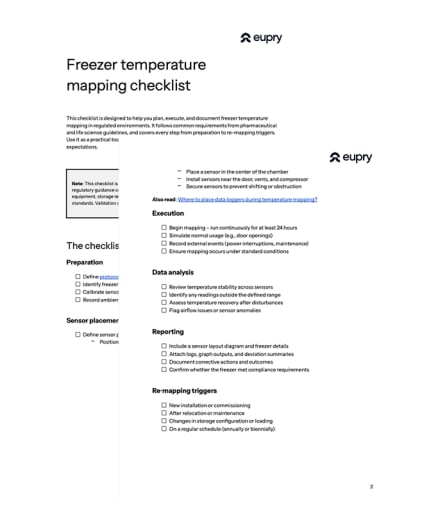 Page 2 of Eupry's freezer temperature mapping checklist showing sections for execution, data analysis, reporting, and re-mapping triggers.