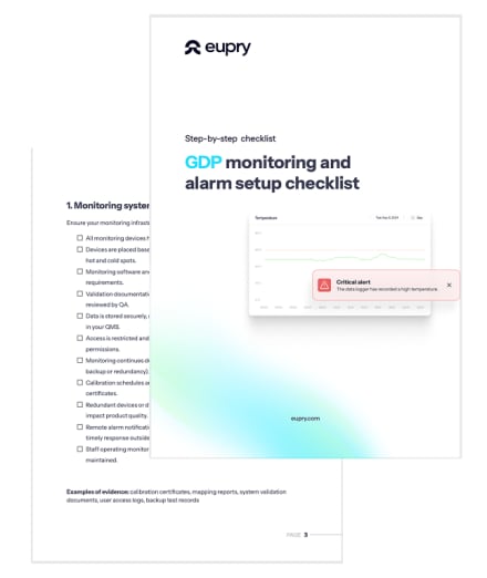 Preview of Eupry's GDP monitoring and alarm setup checklist document showing a temperature graph with a critical alert notification