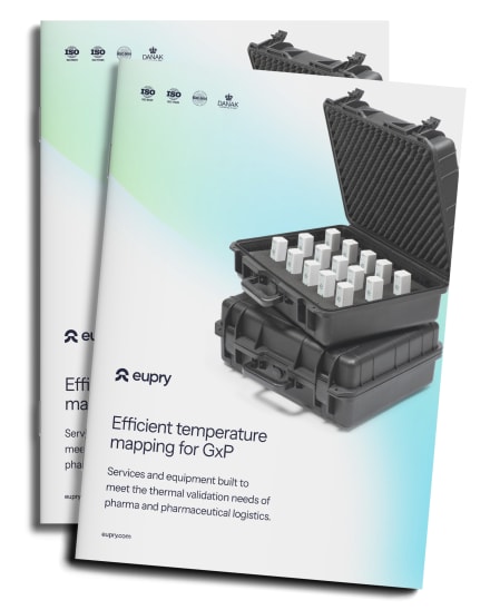 Eupry temperature mapping catalog mockup showing a hard-shell case with wireless data loggers and certification logos