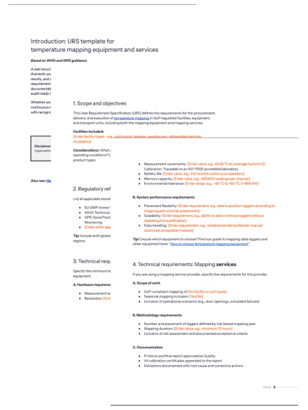 Page 5 of Eupry's URS template for temperature mapping equipment and services, showing scope, regulatory references, and technical requirements.