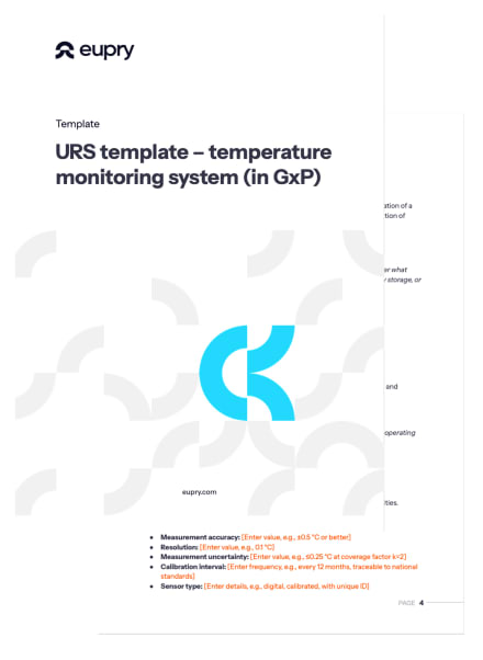 Eupry URS template cover page for GxP temperature monitoring system, page 4, showing sensor specs