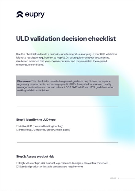 Page 1 of Eupry's ULD validation decision checklist PDF showing steps to identify ULD type and assess product risk