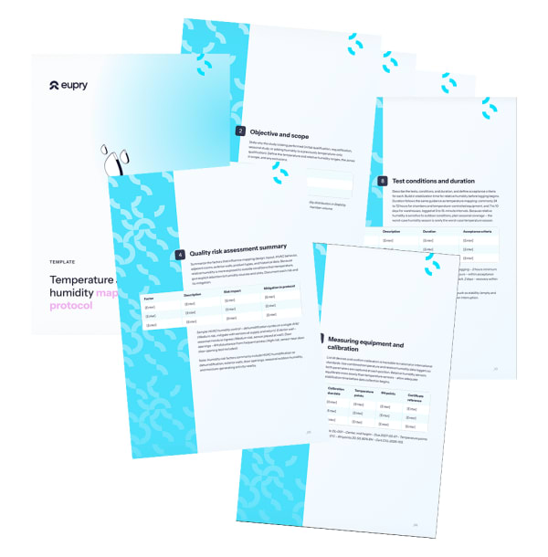 Eupry temperature and humidity mapping protocol template document pages with tables and cyan branding