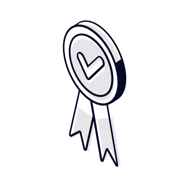 Isometric illustration of a certification medal with a checkmark and ribbons, rendered in dark navy and light gray.