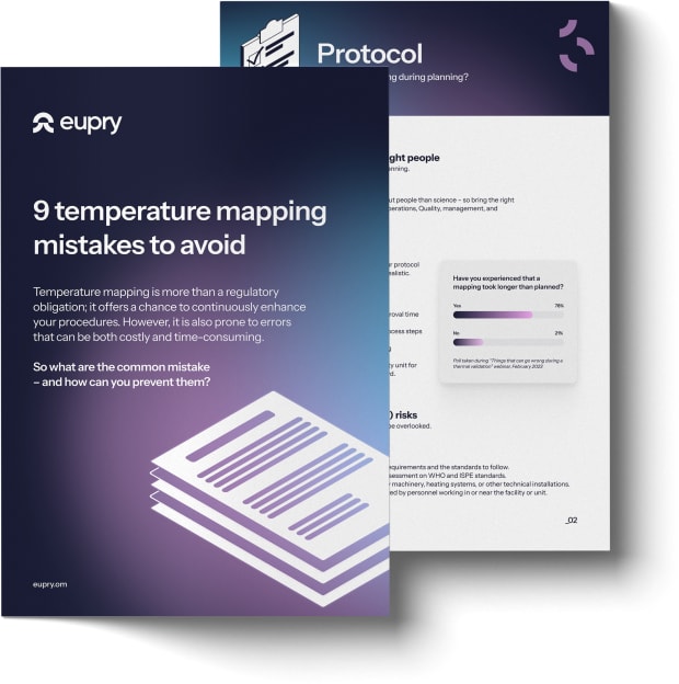 Mockup of Eupry's "9 Temperature Mapping Mistakes to Avoid" white paper showing front cover and interior page with poll data.