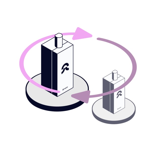 Two Eupry data loggers on platforms connected by circular arrows indicating a calibration exchange process.