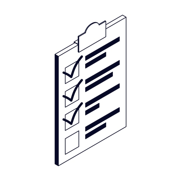 Isometric clipboard icon with checklist showing five items, four checked and one unchecked, in dark navy outline style