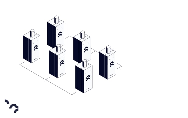 Isometric illustration of six Eupry data loggers arranged in a connected cluster network on a grid