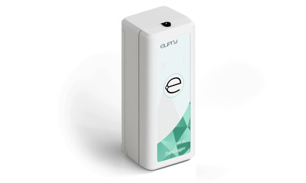 Eupry Wi-Fi Data Logger device, white rectangular unit with teal geometric design and brand logo on front panel.