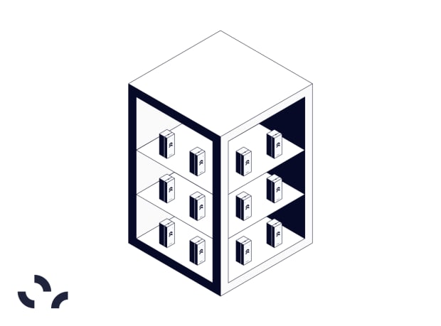 Isometric illustration of a pharmaceutical refrigerator with multiple shelves storing labeled medication boxes