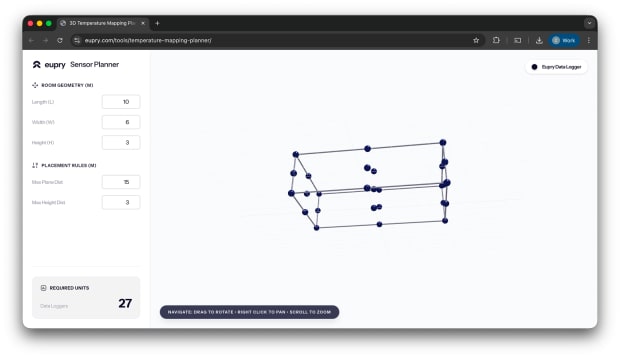 3D temperature mapping planner tool showing sensor placement visualization for a 10x6x3m room requiring 27 data loggers