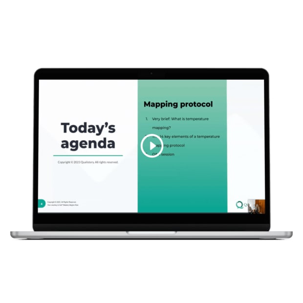 Laptop displaying a webinar slide on temperature mapping protocol with today's agenda listed, branded by Qualistery.