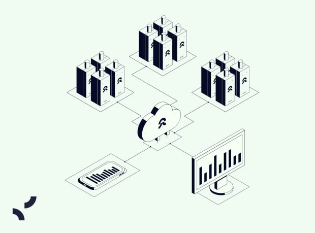 Isometric diagram showing three server clusters connected via cloud to a monitor and mobile device displaying data charts