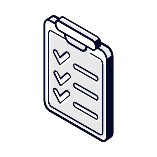 Isometric clipboard icon with three checkmarks and line items, representing a completed checklist or compliance form
