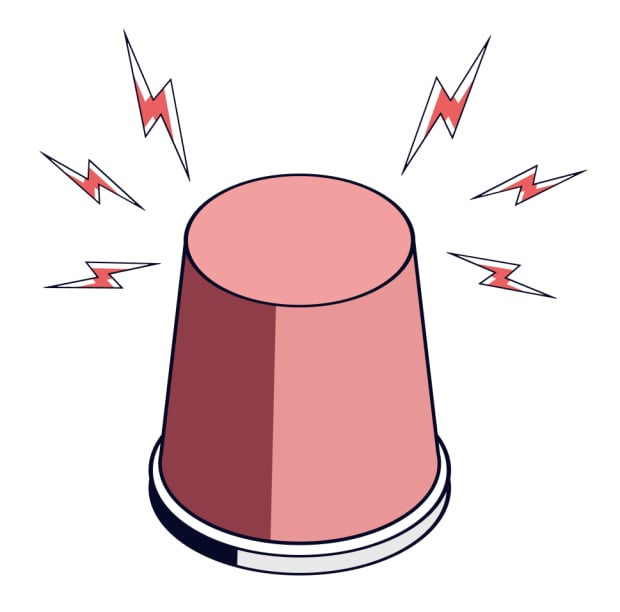 Red alarm beacon with lightning bolt symbols radiating outward, illustrated in isometric style