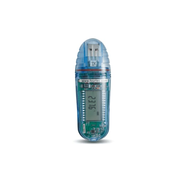 Fourtec USB temperature data logger with transparent blue casing, LCD display showing 23.76°C, and 32K memory