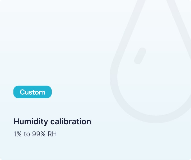 Custom humidity calibration service graphic showing a water droplet icon with text: 1% to 99% RH range