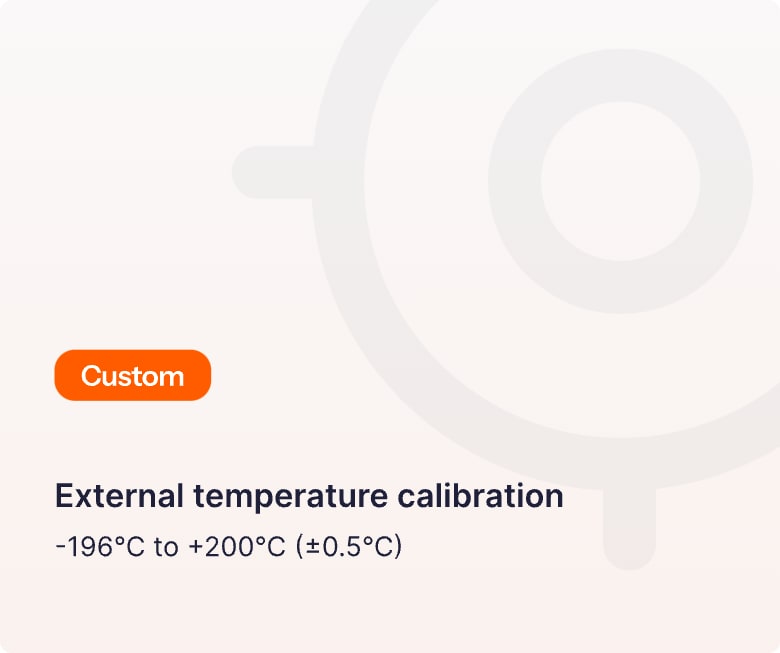 Custom temperature calibration service badge showing range of -196°C to +200°C with ±0.5°C accuracy