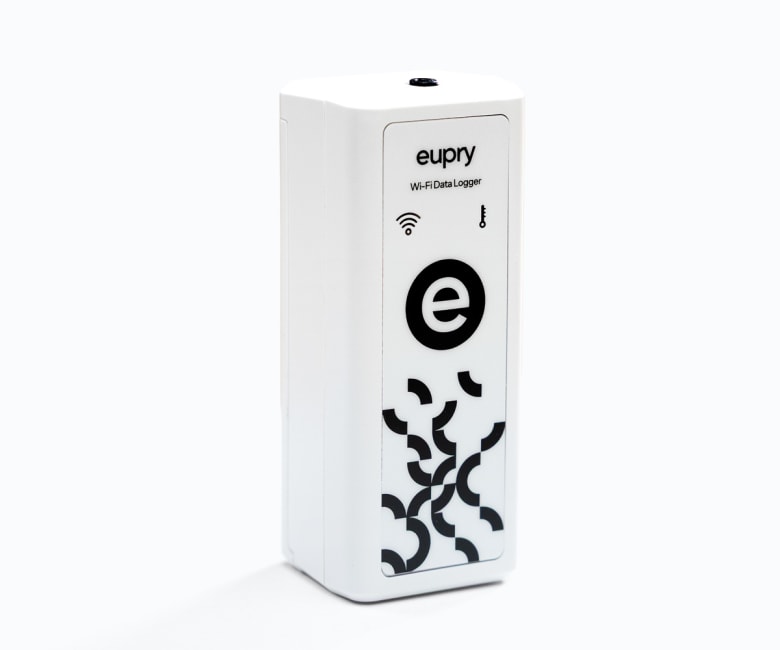 Eupry Wi-Fi data logger, white rectangular device with black logo, Wi-Fi and temperature icons on front panel.