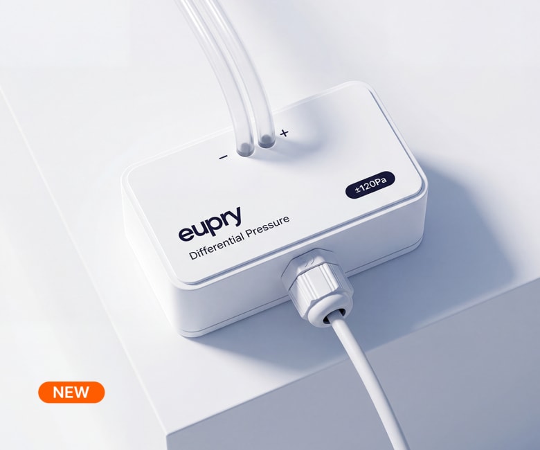 Eupry differential pressure sensor with ±120Pa range, two tube ports labeled minus and plus, and cable connector