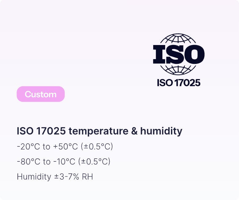 ISO 17025 certification badge with custom temperature range specs: -20°C to +50°C, -80°C to -10°C (±0.5°C), humidity ±3-7% RH