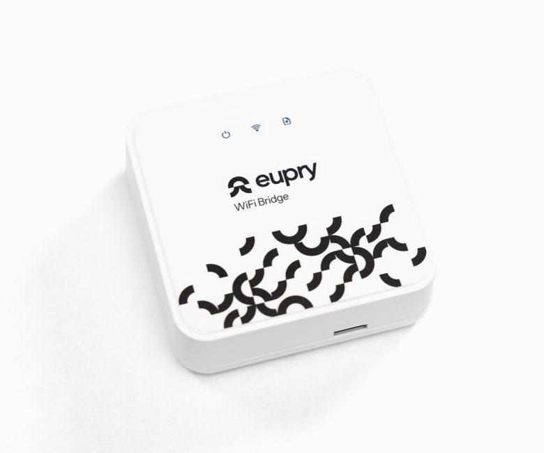 Eupry WiFi Bridge device, small white square hub with black decorative pattern and three status indicator lights on top