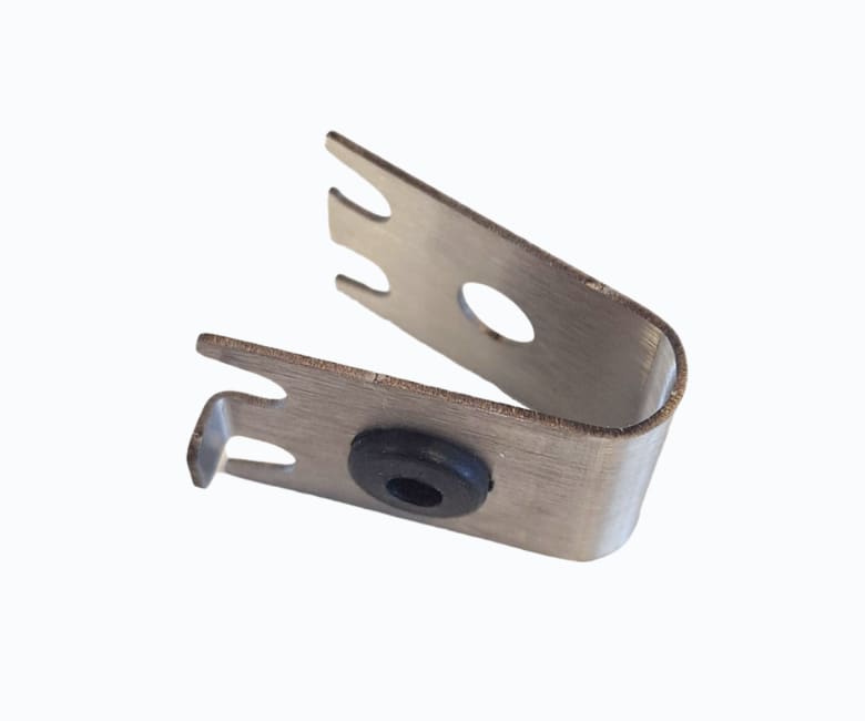 Stainless steel mounting clip with rubber grommet and slotted tabs for sensor installation